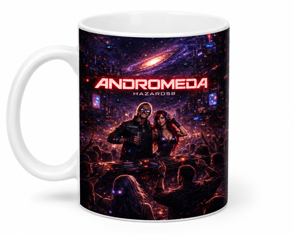 Mug featuring a neon sci‑fi concert poster with two DJs and a crowded futuristic club backdrop, titled 'ANDROMEDA HAZARDS58'