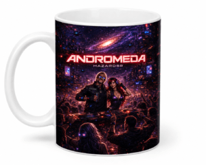 Mug featuring a neon sci‑fi concert poster with two DJs and a crowded futuristic club backdrop, titled 'ANDROMEDA HAZARDS58'