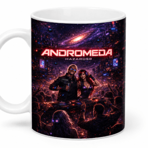 Mug featuring a neon sci‑fi concert poster with two DJs and a crowded futuristic club backdrop, titled 'ANDROMEDA HAZARDS58'