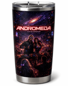 Tumbler cup with a neon sci‑fi concert scene and the word 'ANDROMEDA' across the top, a crowd and DJ in a futuristic cityscape, stainless steel rim.