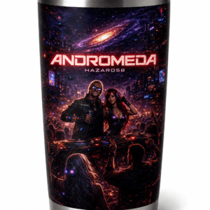 Tumbler cup with a neon sci‑fi concert scene and the word 'ANDROMEDA' across the top, a crowd and DJ in a futuristic cityscape, stainless steel rim.