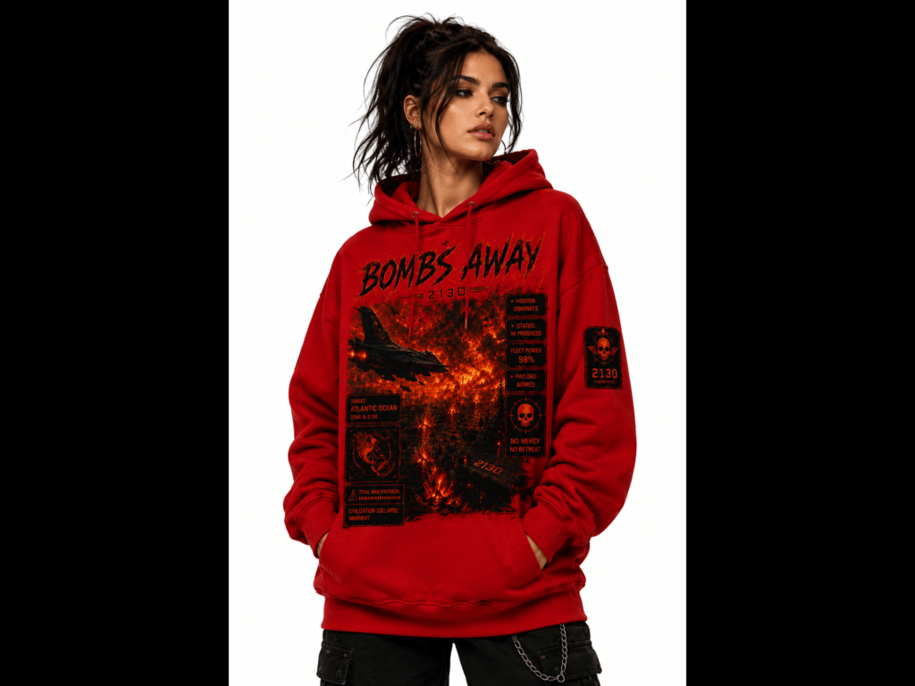 Young woman in a red graphic hoodie posing with hands in pockets against a white backdrop, showcasing bold black/orange print panels on the front.