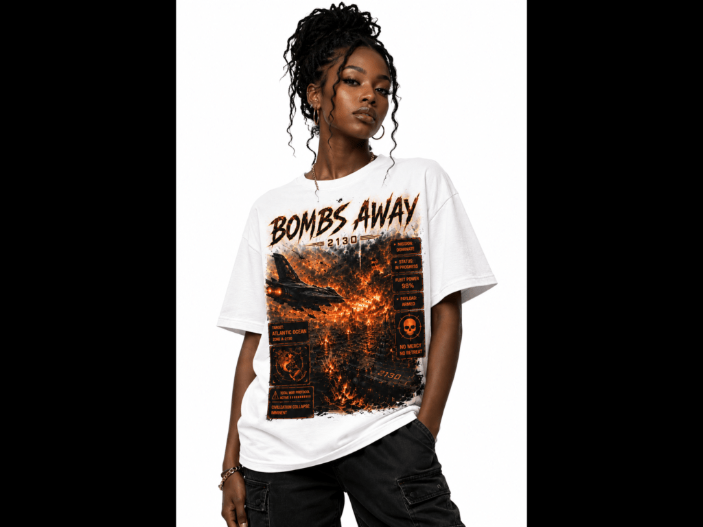 Woman wearing a white graphic T-shirt with an orange, fiery explosion design and the words 'BOMBS AWAY' across the chest, paired with black cargo pants.