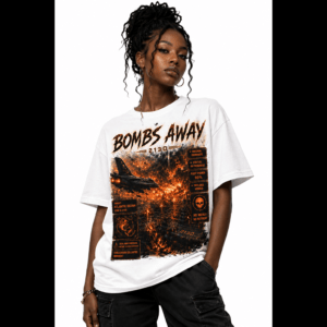 Woman wearing a white graphic T-shirt with an orange, fiery explosion design and the words 'BOMBS AWAY' across the chest, paired with black cargo pants.