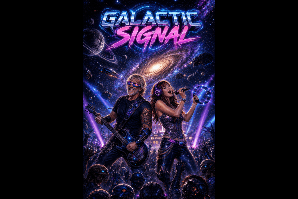 Cosmic concert poster with a guitarist and a female singer under neon lights and a starry galaxy backdrop