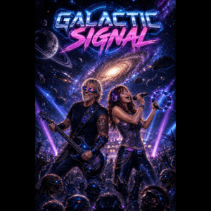 Cosmic concert poster with a guitarist and a female singer under neon lights and a starry galaxy backdrop