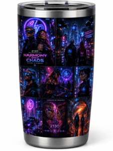 Travel tumbler decorated with a neon cyberpunk collage titled Harmony Over Chaos, showing futuristic cityscapes and stylized characters with 2130 insignia.