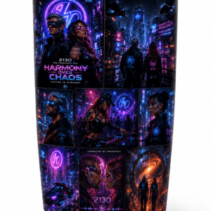 Travel tumbler decorated with a neon cyberpunk collage titled Harmony Over Chaos, showing futuristic cityscapes and stylized characters with 2130 insignia.