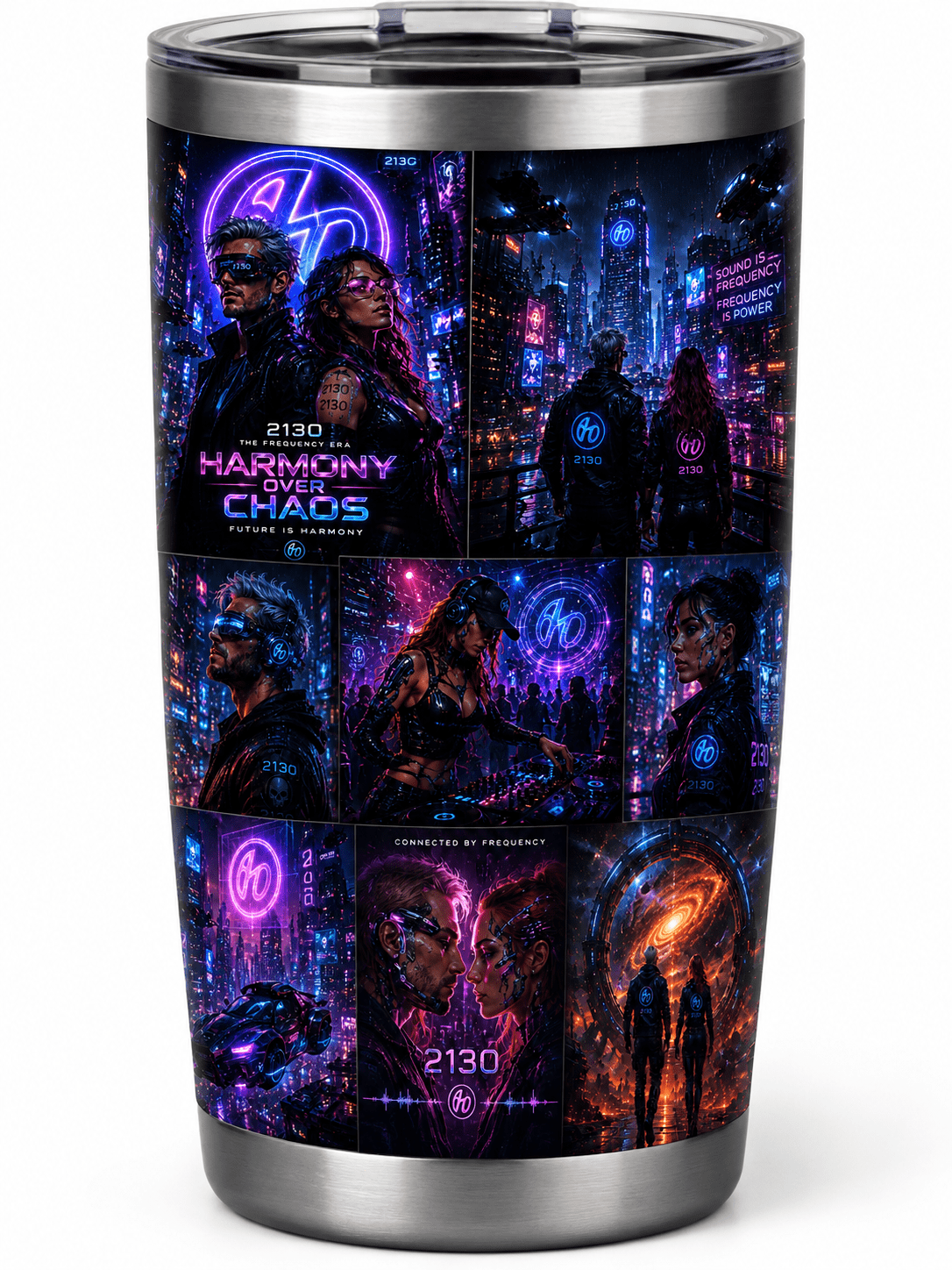 Travel tumbler decorated with a neon cyberpunk collage titled Harmony Over Chaos, showing futuristic cityscapes and stylized characters with 2130 insignia.