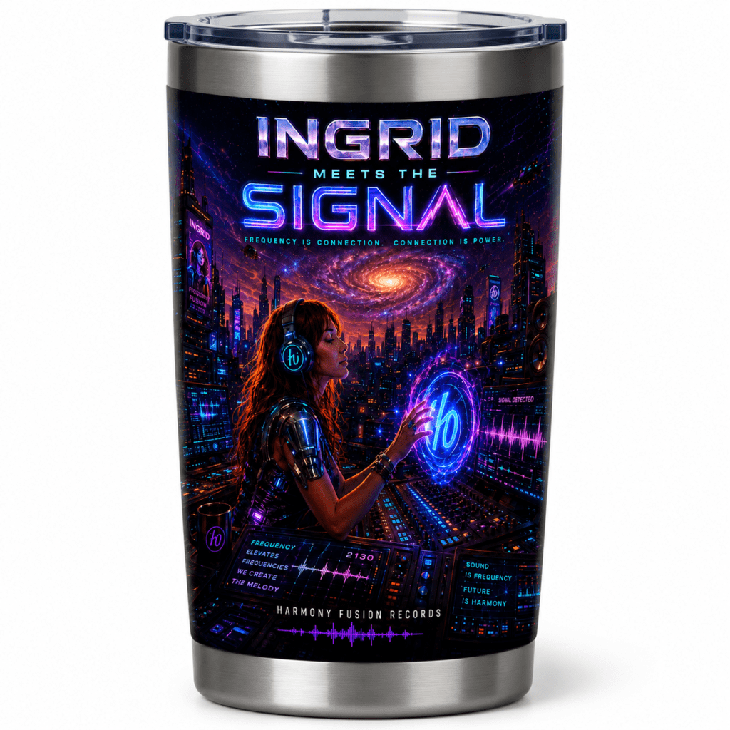 Neon sci‑fi tumbler artwork: A woman with headphones in a futuristic city, holographic circle and the title 'INGRID MEETS THE SIGNAL' with 'Harmony Fusion Records' at the bottom.