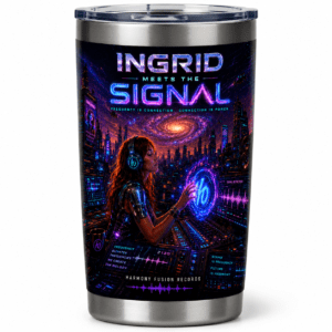 Neon sci‑fi tumbler artwork: A woman with headphones in a futuristic city, holographic circle and the title 'INGRID MEETS THE SIGNAL' with 'Harmony Fusion Records' at the bottom.