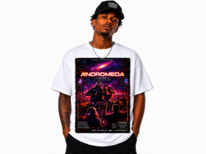 Man wearing a white T‑shirt with a neon sci‑fi poster graphic that says ANDROMEDA, in a studio setting with a white background.