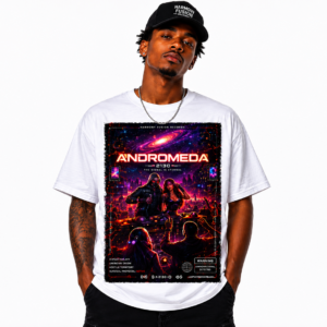 Man wearing a white T‑shirt with a neon sci‑fi poster graphic that says ANDROMEDA, in a studio setting with a white background.