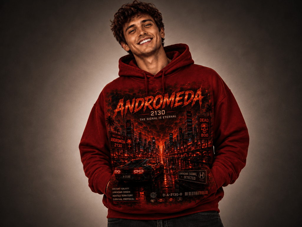 Smiling man wearing a red hoodie with a neon city skyline graphic reading 'Andromeda 2130'