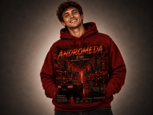 Smiling man wearing a red hoodie with a neon city skyline graphic reading 'Andromeda 2130'