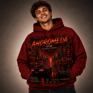Smiling man wearing a red hoodie with a neon city skyline graphic reading 'Andromeda 2130'