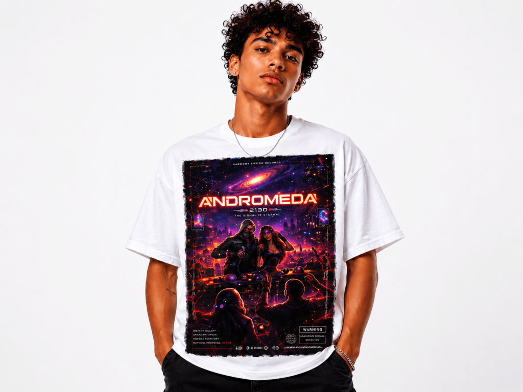 Young man wearing a white T-shirt featuring a neon space-themed poster titled 'ANDROMEDA' with astronauts and a cityscape.