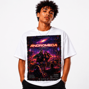 Young man wearing a white T-shirt featuring a neon space-themed poster titled 'ANDROMEDA' with astronauts and a cityscape.
