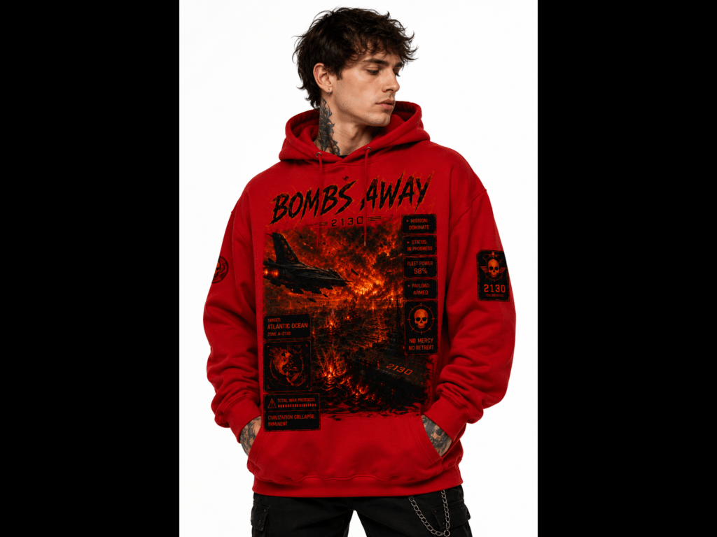 Man in a red graphic hoodie with flames, looking to the right, showing neck tattoo and pierced ear.
