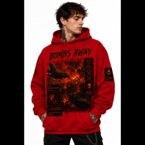 Man in a red graphic hoodie with flames, looking to the right, showing neck tattoo and pierced ear.