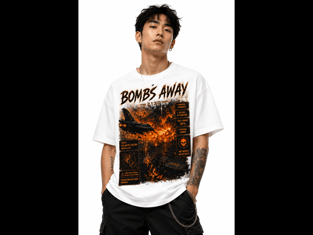 Male model wearing a white graphic T-shirt with orange and black fiery design, posing against a white background.