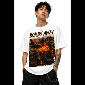 Male model wearing a white graphic T-shirt with orange and black fiery design, posing against a white background.