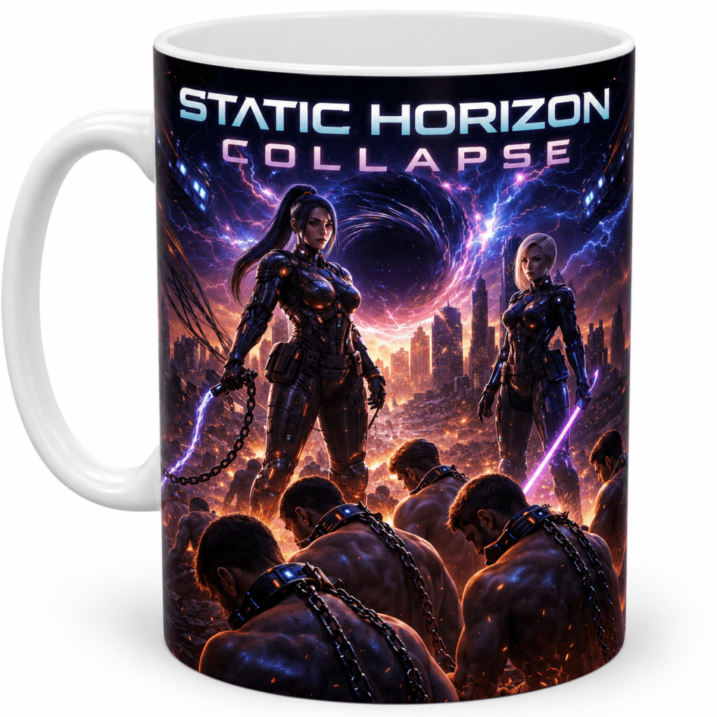 Mug with neon sci‑fi cover: two armored women stand over chained men in a burning city, title 'Static Horizon Collapse' above them.