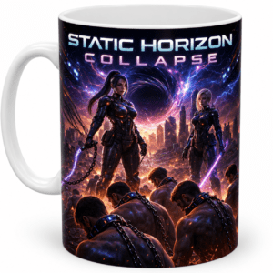 Mug with neon sci‑fi cover: two armored women stand over chained men in a burning city, title 'Static Horizon Collapse' above them.