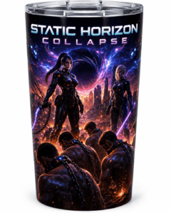 Product image of a tumbler featuring a sci-fi battle scene titled 'Static Horizon Collapse' with two armored women and chained men against a fiery futuristic cityscape