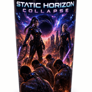 Product image of a tumbler featuring a sci-fi battle scene titled 'Static Horizon Collapse' with two armored women and chained men against a fiery futuristic cityscape