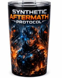 Futuristic tumbler with armored characters and the title 'Synthetic Aftermath Protocol' on a dark, fiery background.