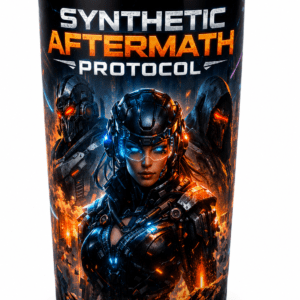Futuristic tumbler with armored characters and the title 'Synthetic Aftermath Protocol' on a dark, fiery background.