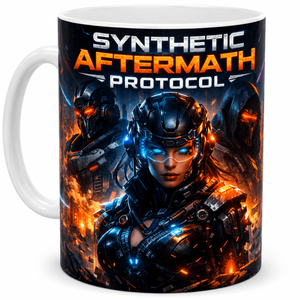 Mug with sci‑fi game art showing an armored woman and two companions; title 'Synthetic Aftermath Protocol' across the top.