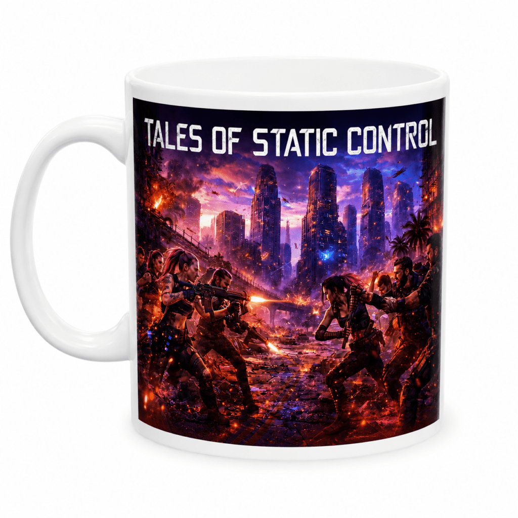 White mug with a neon-lit city battle scene and the title TALES OF STATIC CONTROL across the top on the print.