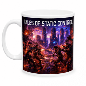 White mug with a neon-lit city battle scene and the title TALES OF STATIC CONTROL across the top on the print.