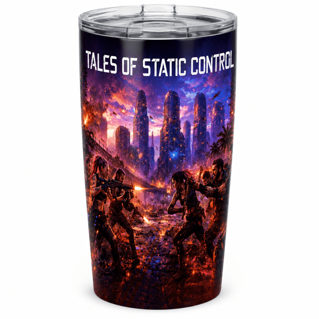 Travel tumbler with a neon-lit city battle scene and the title Tales of Static Control.