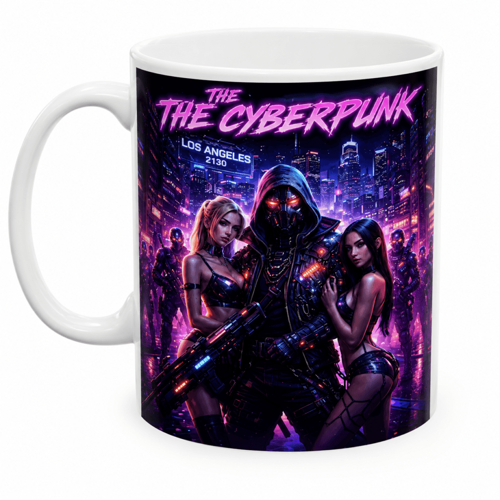 Mug featuring neon cyberpunk artwork: a hooded armored figure flanked by two women in a futuristic Los Angeles skyline with the title 'THE CYBERPUNK' and 'LOS ANGELES 2130'.