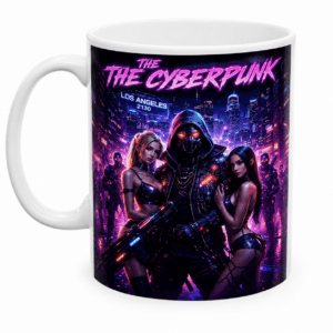 Mug featuring neon cyberpunk artwork: a hooded armored figure flanked by two women in a futuristic Los Angeles skyline with the title 'THE CYBERPUNK' and 'LOS ANGELES 2130'.