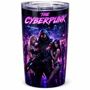 Tumbler with neon cyberpunk artwork: hooded figure with glowing eyes flanked by two women in a futuristic cityscape at night.