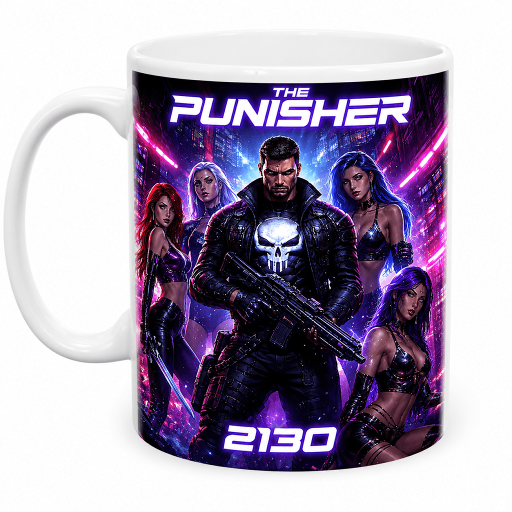 Mug featuring a sci-fi Punisher illustration with a central armed figure and four neon-clad women in a cyberpunk city, title 'The Punisher' and '2130' at bottom