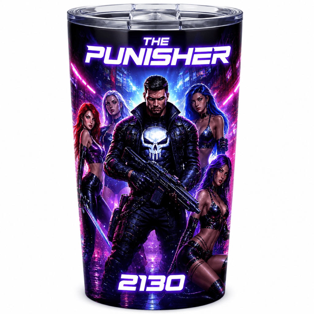Tumbler cup with a neon Punisher artwork: central rugged figure with skull emblem and neon city background, surrounded by four characters, bottom number 2130