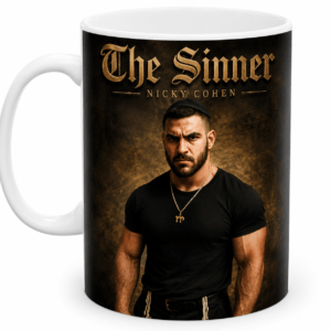 Mug showing a book-cover design: a serious man in a black shirt against a dark brown textured background, with 'The Sinner' and 'Nicky Cohen' at the top.
