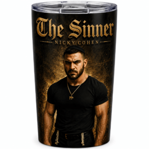 Promotional tumbler for 'The Sinner' by Nicky Cohen, showing a muscular man in a black shirt with gold chain against a dark textured background.
