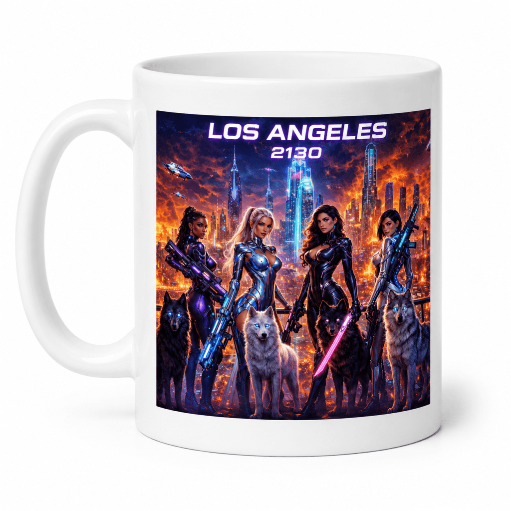 White mug featuring a vivid sci-fi poster: four armed female warriors and four wolves against a fiery futuristic Los Angeles skyline, with 'LOS ANGELES 2130' text.