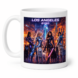 White mug featuring a vivid sci-fi poster: four armed female warriors and four wolves against a fiery futuristic Los Angeles skyline, with 'LOS ANGELES 2130' text.