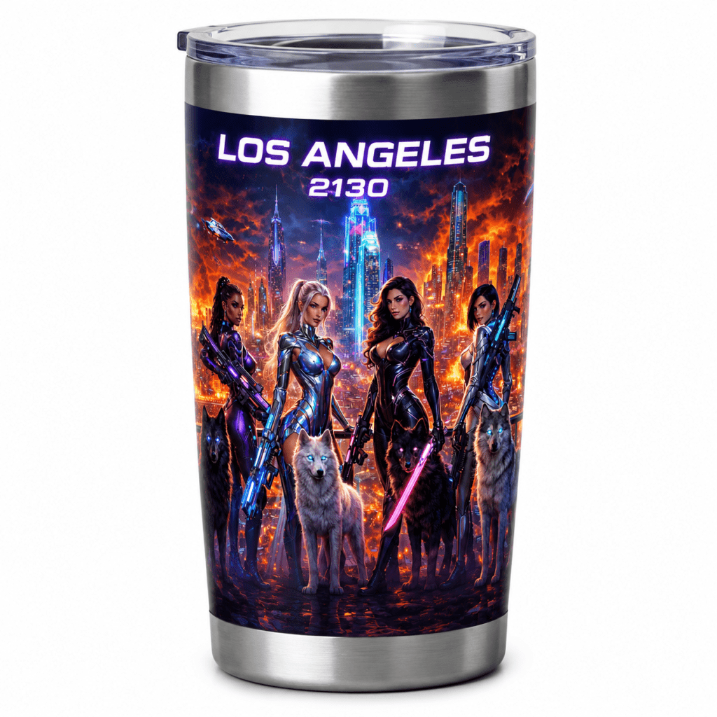 Travel tumbler with a neon, dystopian cityscape and four armored women wielding weapons, flanked by wolves, under 'LOS ANGELES 2130'.