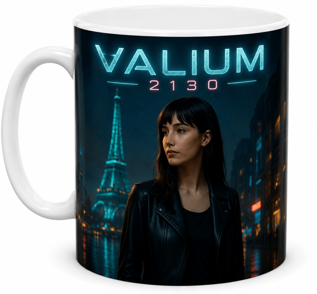 Mug featuring neon blue 'VALIUM 2130' text with a woman in a black leather jacket against a nighttime city skyline.