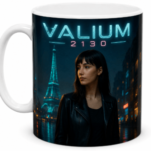 Mug featuring neon blue 'VALIUM 2130' text with a woman in a black leather jacket against a nighttime city skyline.