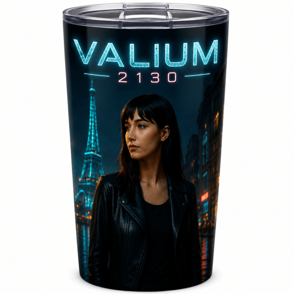 Tumbler featuring a neon movie poster: 'VALIUM 2130' with a woman in a black leather jacket against a city night backdrop.