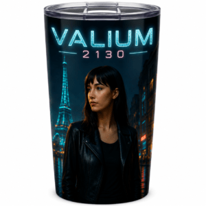 Tumbler featuring a neon movie poster: 'VALIUM 2130' with a woman in a black leather jacket against a city night backdrop.